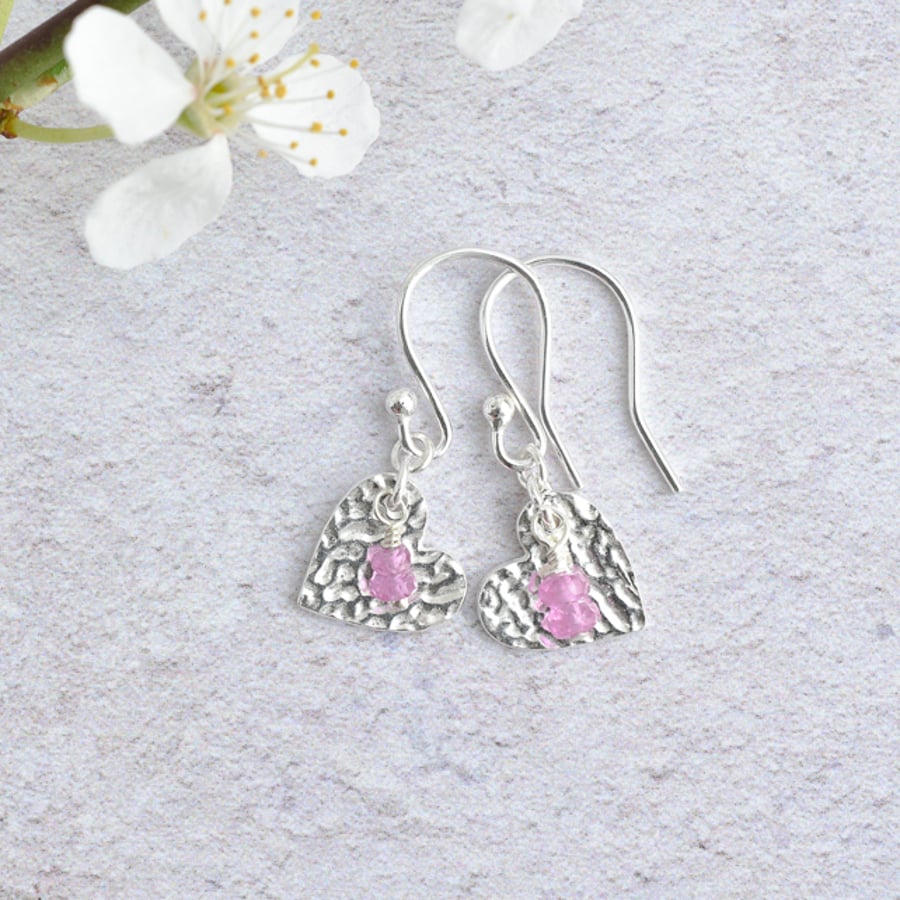 Pink Sapphire and Fine Silver Heart Earrings