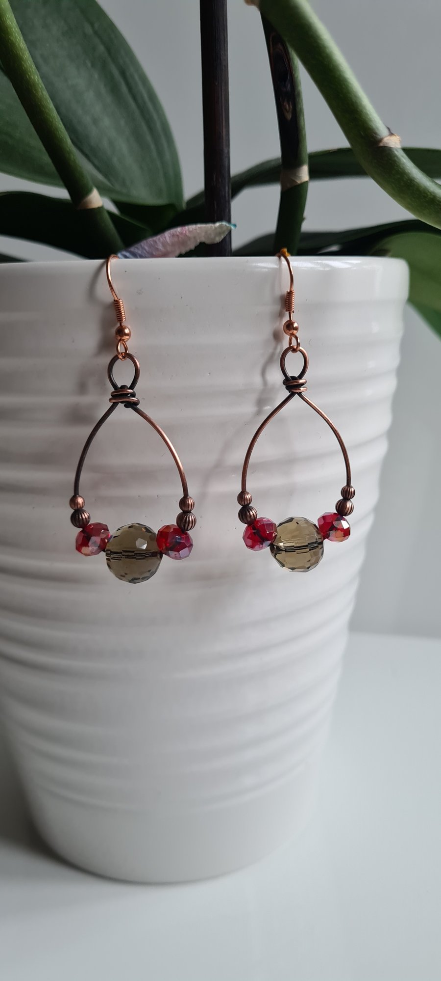 Copper & Red Smokey Glass Boho Hoop Dangle Earrings Unique Gift Boxed Jewellery 