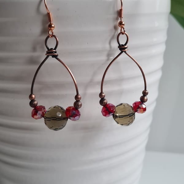 Copper & Red Smokey Glass Boho Hoop Dangle Earrings Unique Gift Boxed Jewellery 