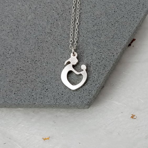 Recycled sterling silver mother and child necklace – handcrafted heart pendant