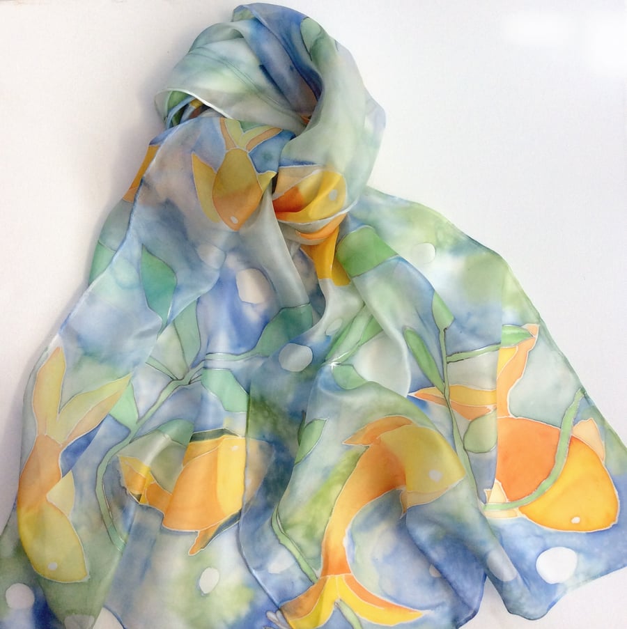 Orange Fish hand painted silk scarf