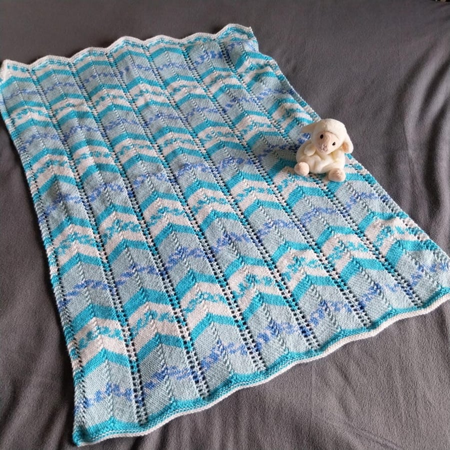 Hand Knitted Baby Blanket in Turquoise Blue and White Chevron Pattern