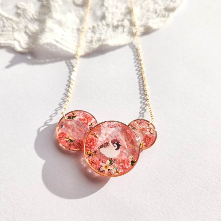 Bird Necklace with Real Dried Flowers
