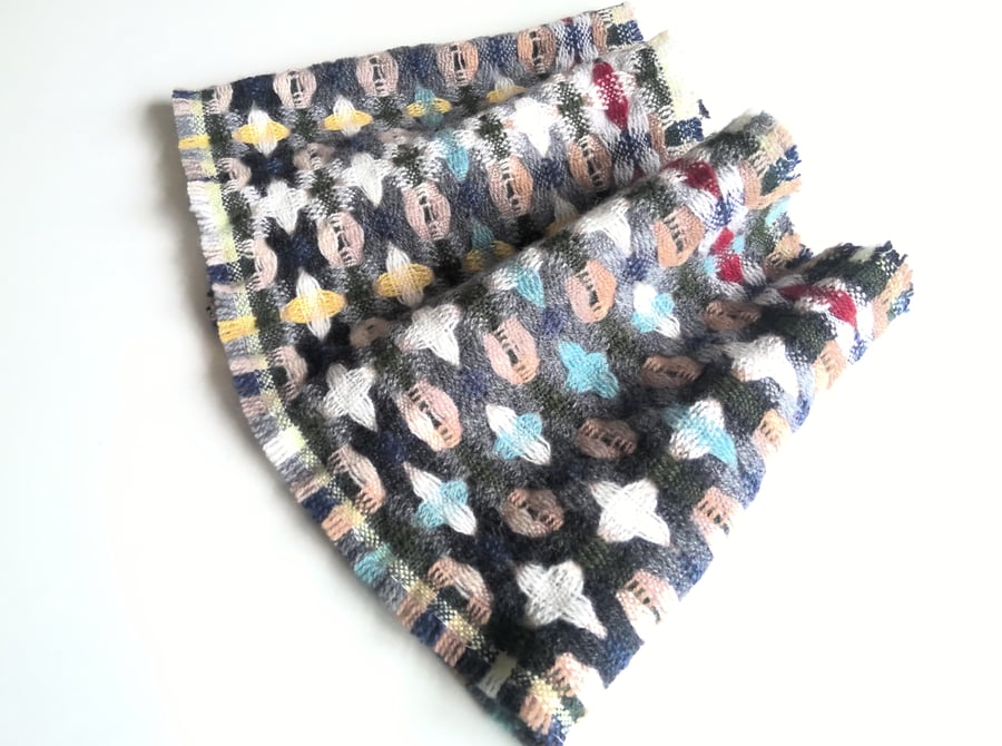 Handwoven Lambswool Cowl in Grey, Buff, Green and Rust 11