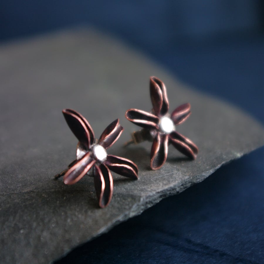 Large Star Anise Silver and Copper Stud Earrings