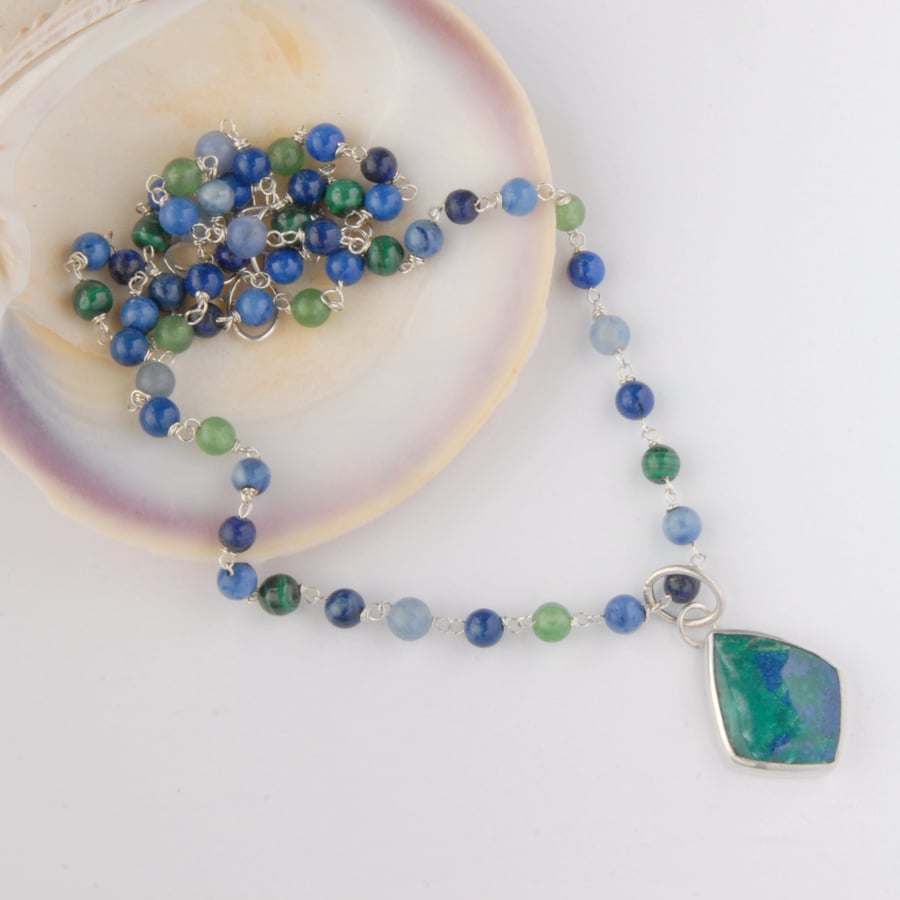 Sterling silver and azurite pendant and beaded necklace set