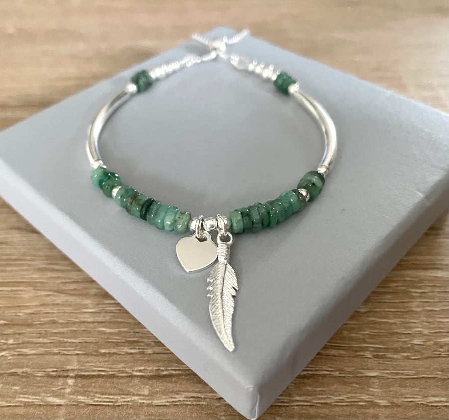 Green Emerald Gemstone Noodle Bracelet, Sterling Silver Feather Charm Bracelet