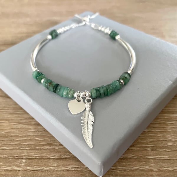Green Emerald Gemstone Noodle Bracelet, Sterling Silver Feather Charm Bracelet