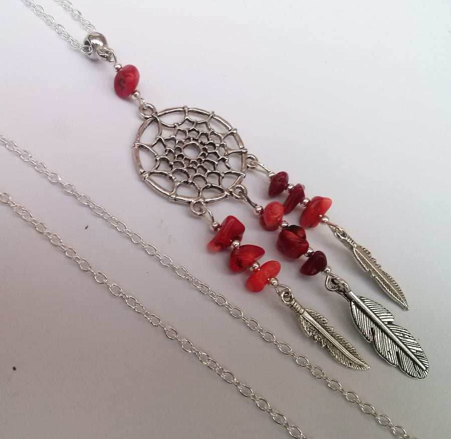 Silver Plate Red Coral Dreamcatcher Dream Catcher Boho New Age Necklace