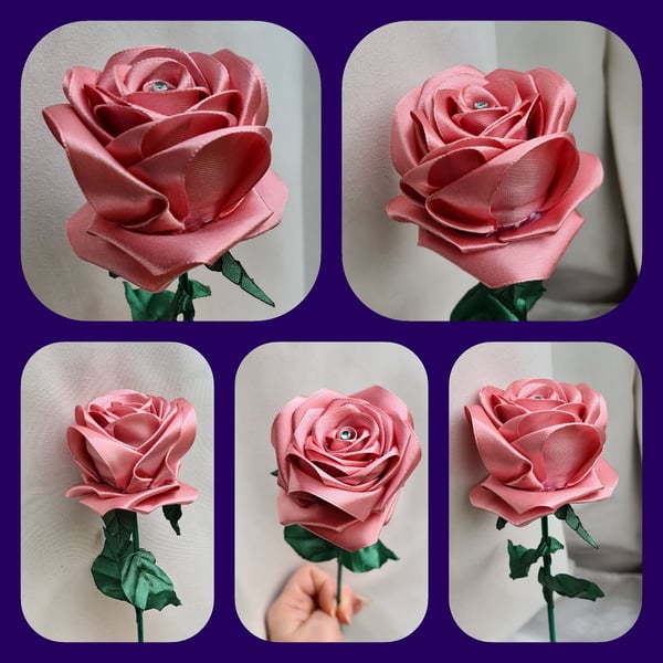 Gorgeous Handmade Dusky Pink Ribbon Rose - Long Stem Artificial Flower Gift