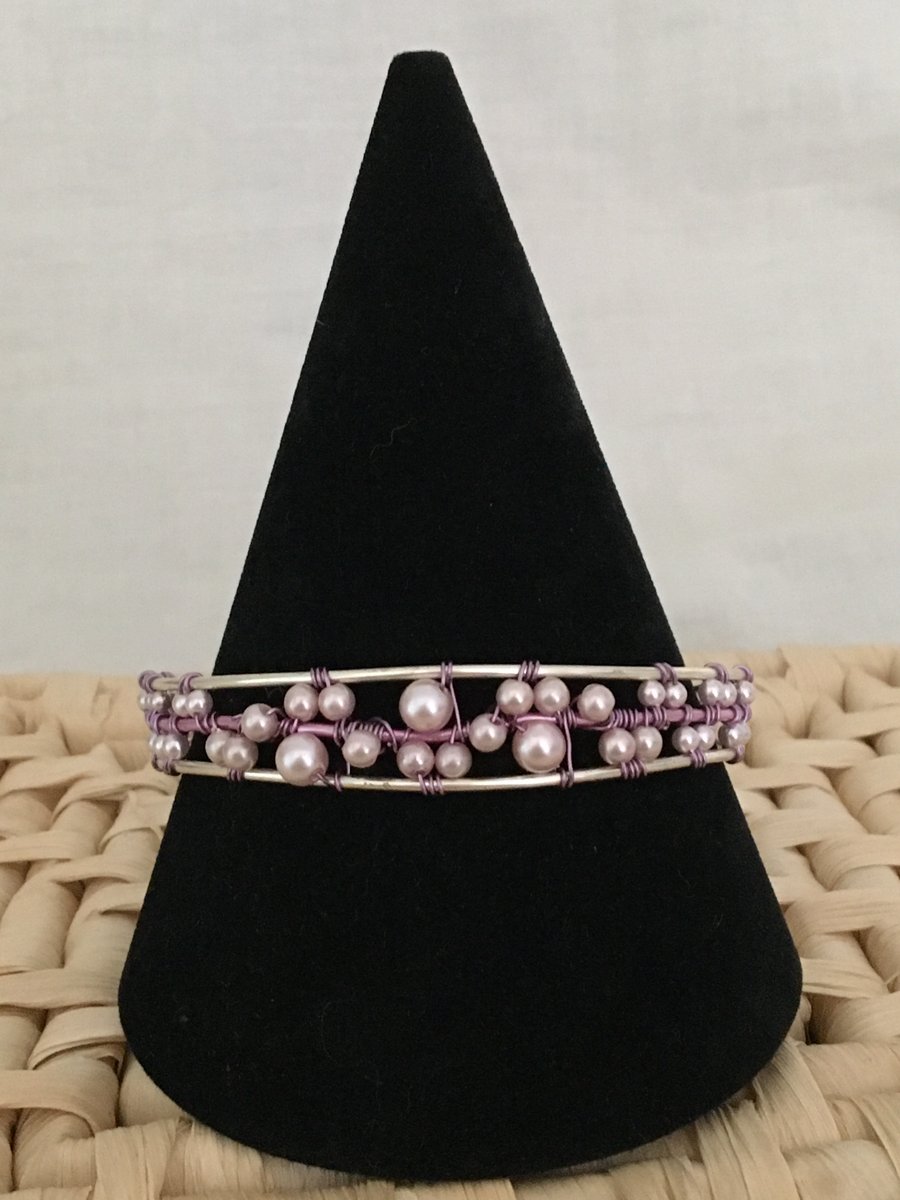 Lilac and Silver Wirewrapped Bangle - Large