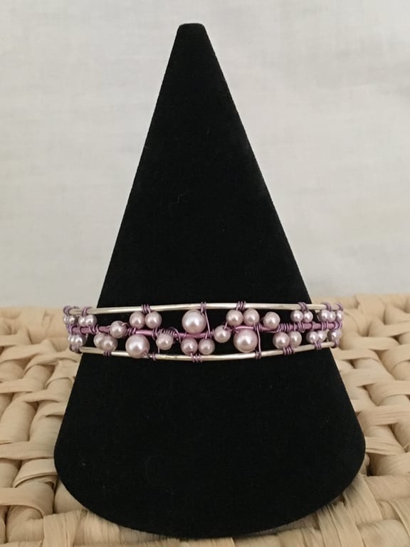Lilac and Silver Wirewrapped Bangle - Large