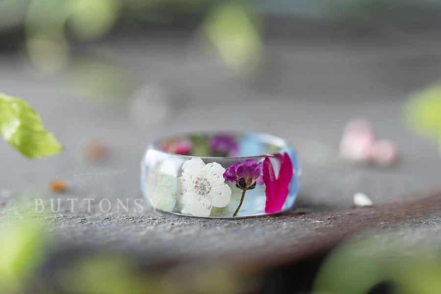 Real Flower Ring Wildflower Meadow Pressed Flower Ring Resin Jewelry Real Flower