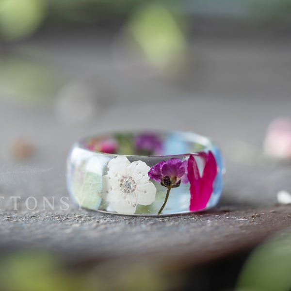 Real Flower Ring Wildflower Meadow Pressed Flower Ring Resin Jewelry Real Flower