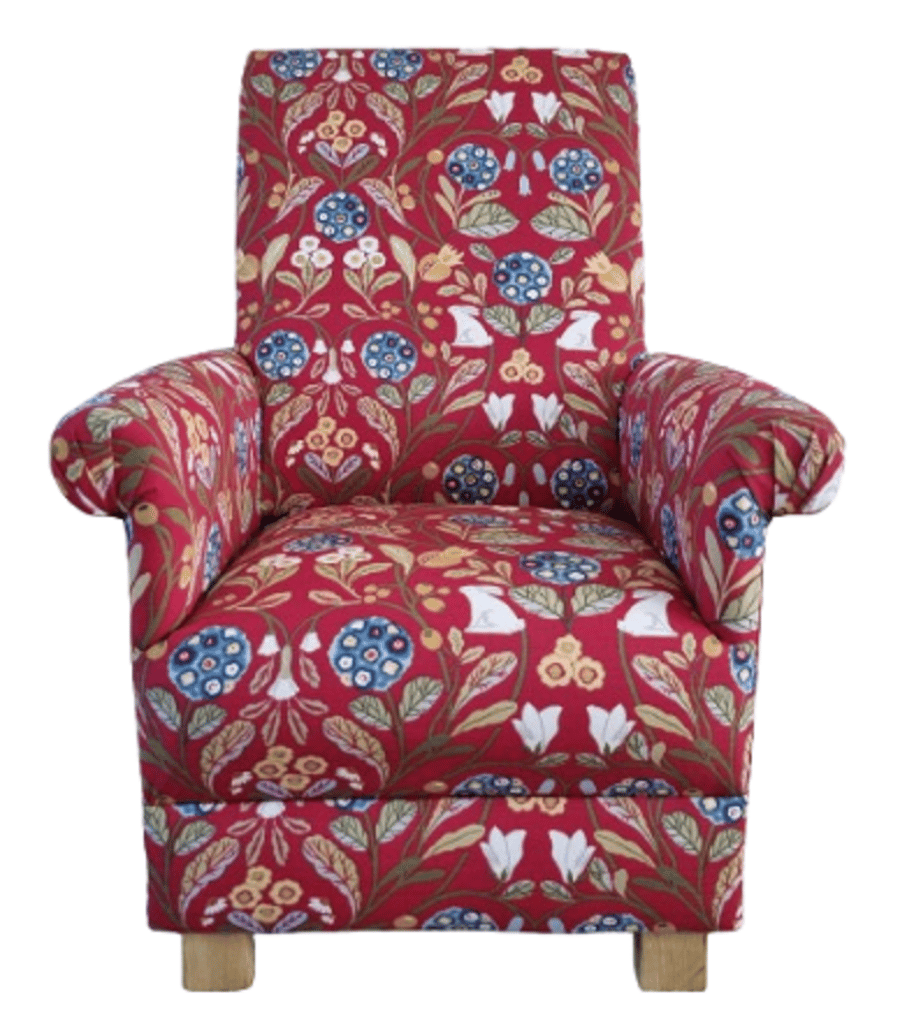 Adult Armchair Clarke Forester Rouge Red Fabric Chair Accent Rabbits Floral Blue