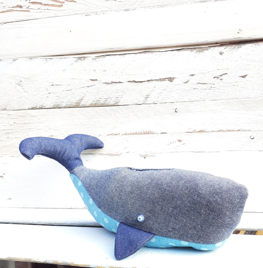 Whale Doorstop Handmade From Denim And Turquoise Polka Dot Fabric
