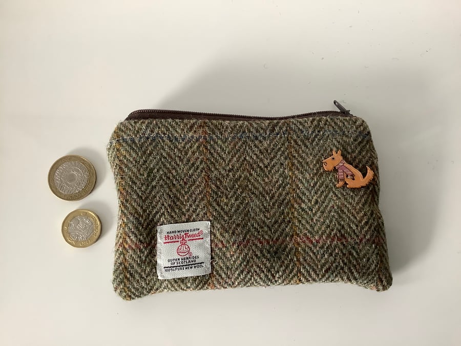Brown and Green Herringbone Harris Tweed coin purse ,Zip pouch