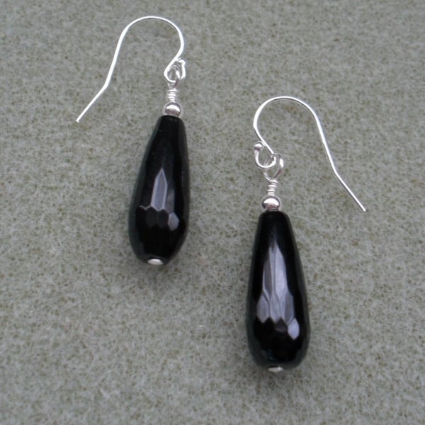 Black Onyx Faceted Drop Earrings Sterling Silver Black and Silver Earrings