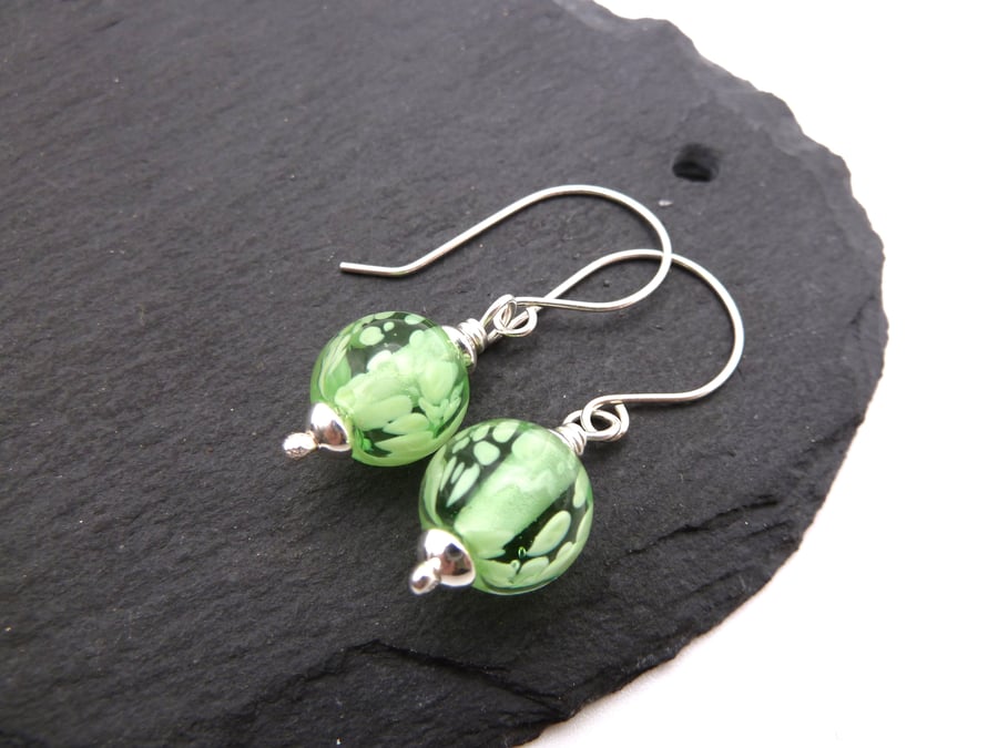 sterling silver earrings, green lampwork glass jewellery