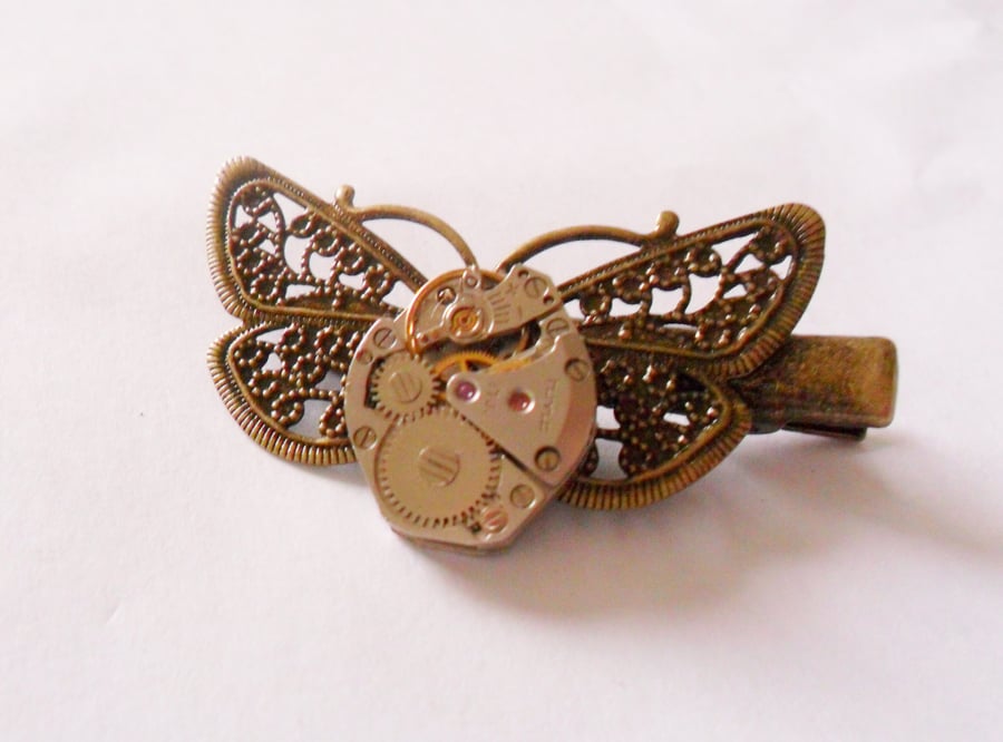 Butterfly Watch Movement Steampunk Hair Clip