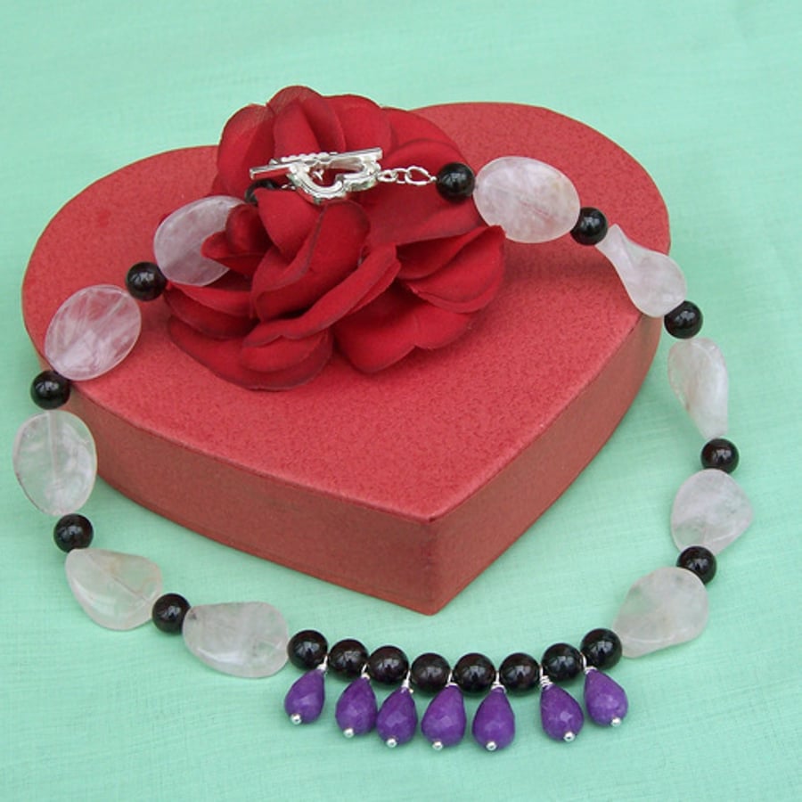 Rose Quartz, Purple Jade and Garnet Necklace