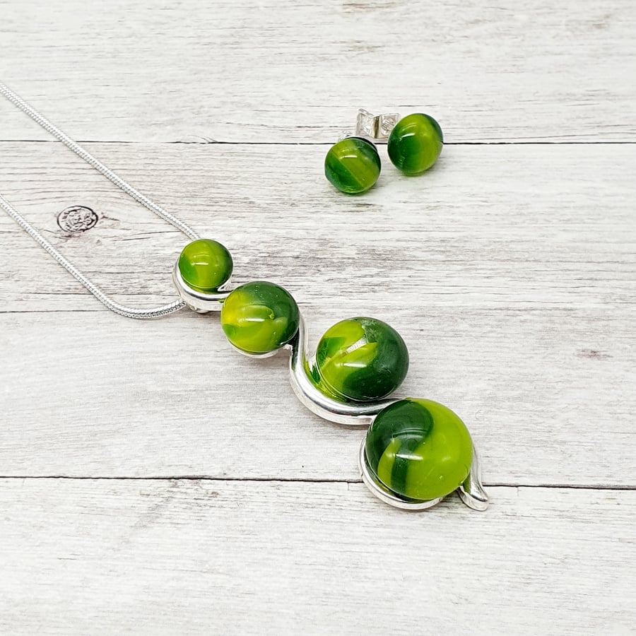 Fused Glass Necklace & Earring Set ' Forest Green Wave'