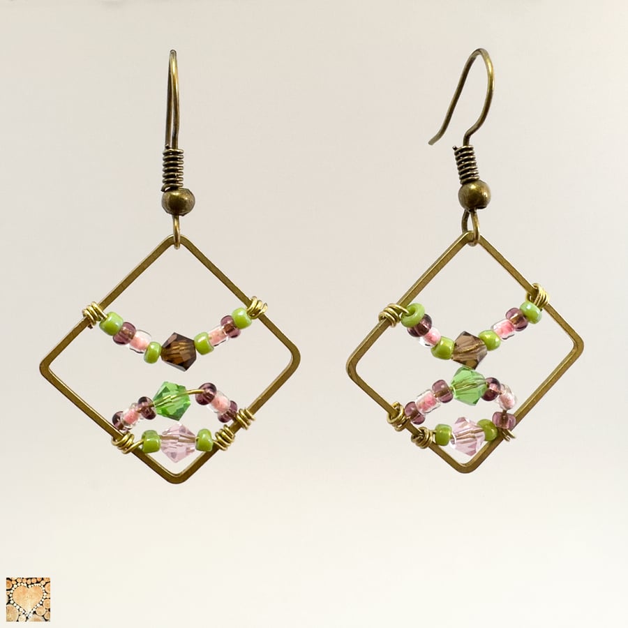 Handmade Wire Wrapped Spring Colours Brass, Crystal and Bead Earrings