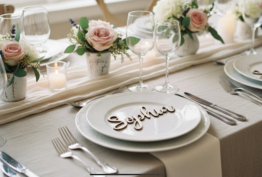 Large laser cut wooden table place names, wedding place settings