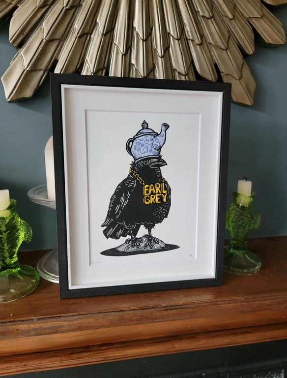Earl Grey - handmade original linocut crow wearing a teapot hat bird wall art pr