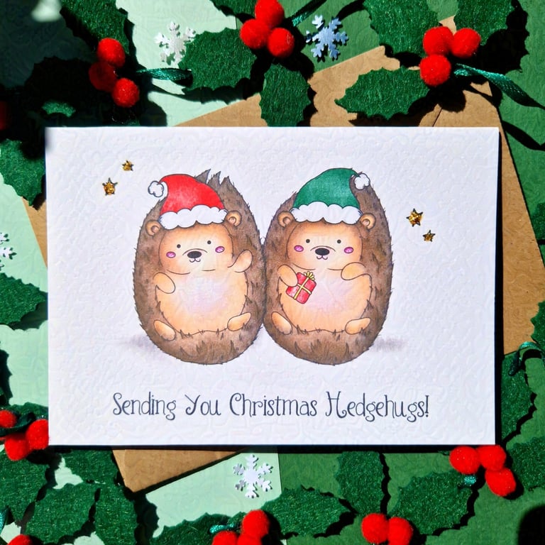 Hedgehog Christmas card, Family Christmas card, Sending Christmas hugs