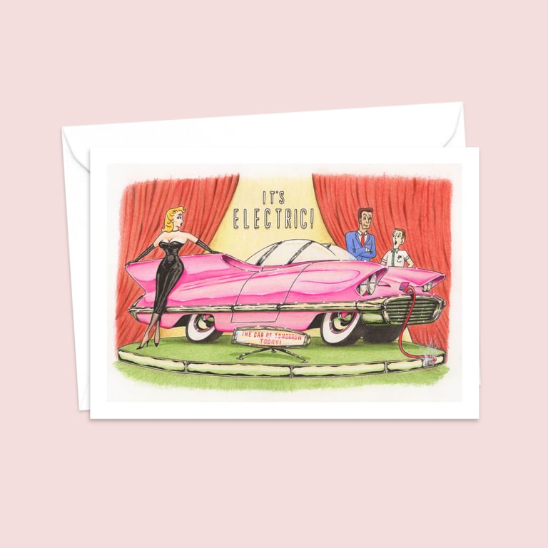 Retro Style Greeting Card: Hand Drawn Electric Car Cartoon (327)