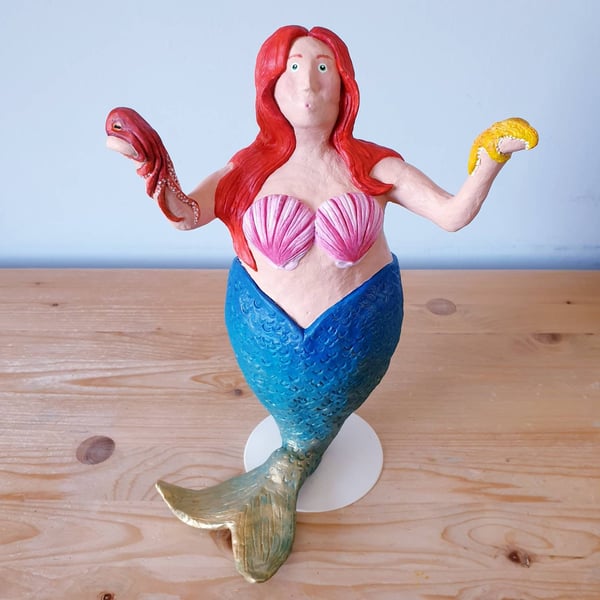 Mermaid - mixed media clay sculpture, hand painted. 