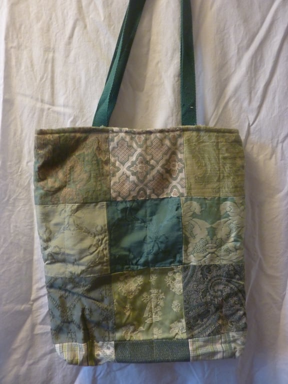 Green Designer Fabric Tote Bag Luxery Patchwork Padded Quited Lined Pocket Zip