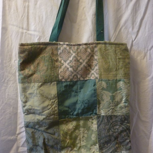 Green Designer Fabric Tote Bag Luxery Patchwork Padded Quited Lined Pocket Zip