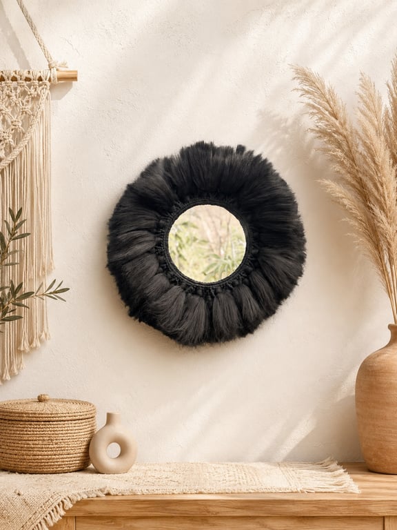 Black Macrame Mirror, Boho Fringe Wall Decor, Fluffy Fiber 