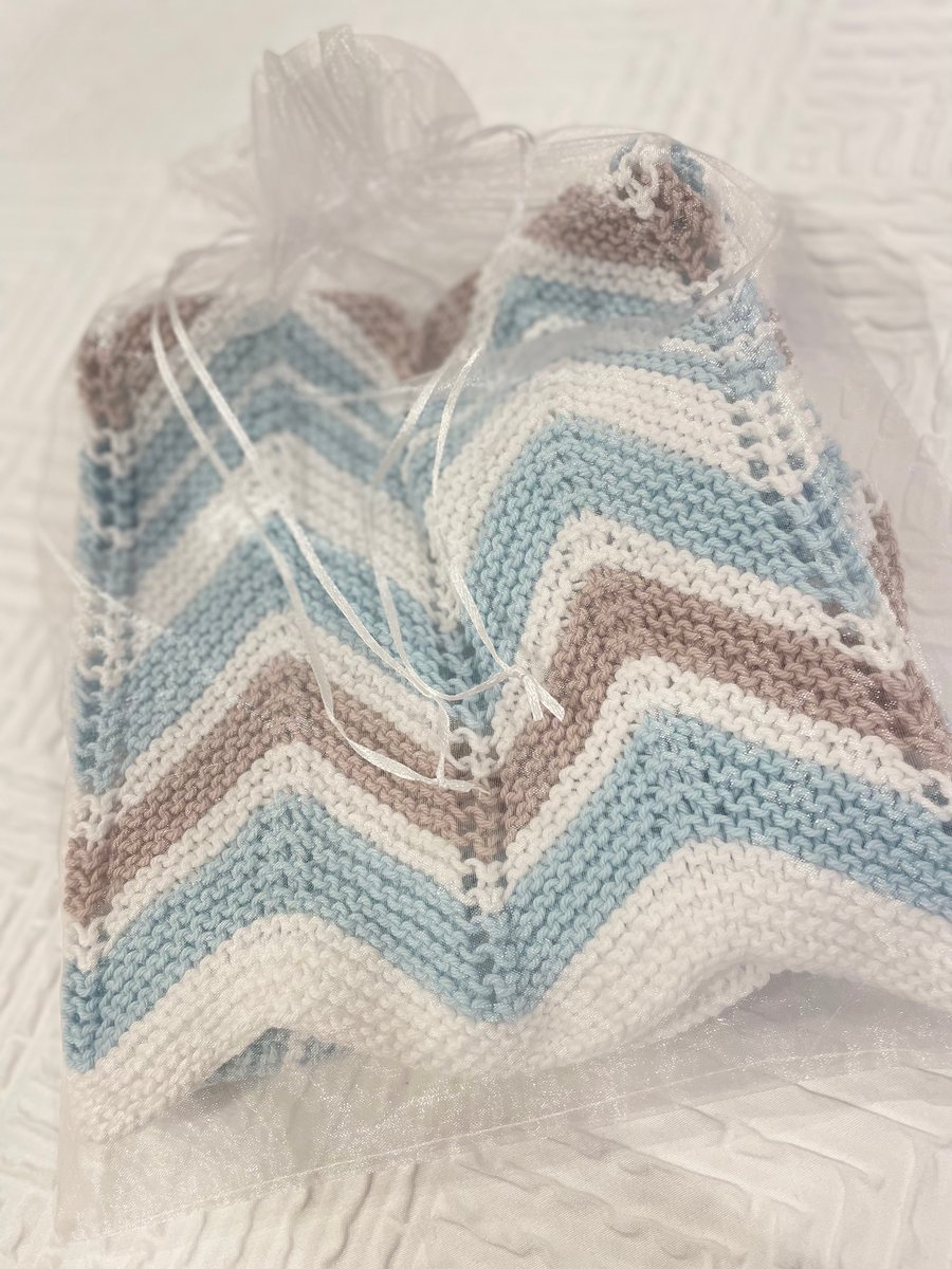 Blue, white and taupe chevron striped baby blanket in 100% cotton 