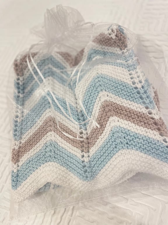 Blue, white and taupe chevron striped baby blanket in 100% cotton 
