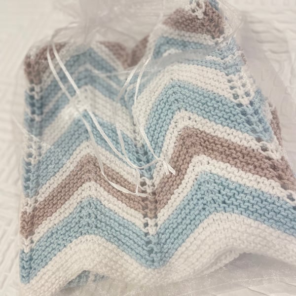 Blue, white and taupe chevron striped baby blanket in 100% cotton 
