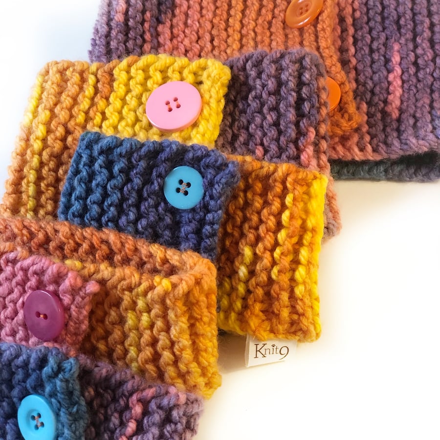 Hand Knitted Dog Scarf Neck Warmer - Cosy Chunky Yarn Button Fasten - Bright