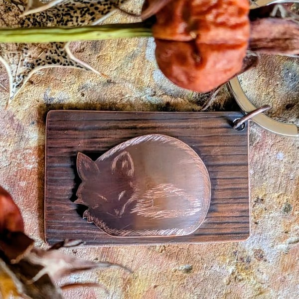 Oxidised Copper Fox Keyring; Sleeping Fox Autumn Gift