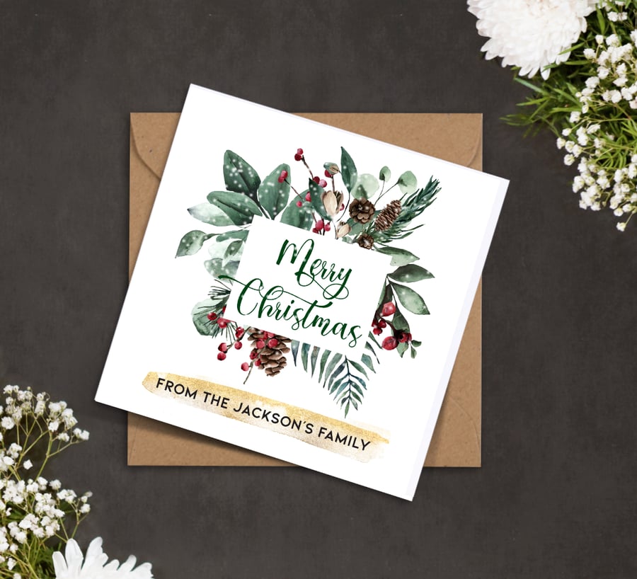 Personalised Merry CHRISTMAS card foliage wreath, red berries pine cones festive