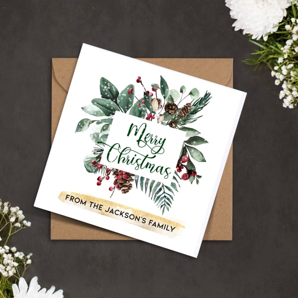 Personalised Merry CHRISTMAS card foliage wreath, red berries pine cones festive