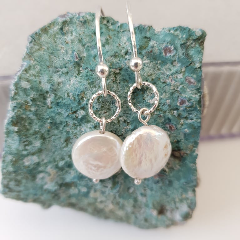 Sterling Silver Coin Pearl Drop Earrings With V Shaped Ear Wires Free UK Postage