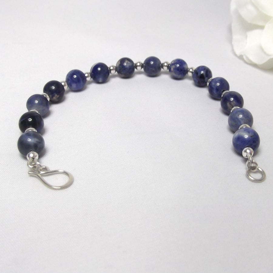 Sodalite gemstone and sterling silver bead bracelet recycled silver clasp