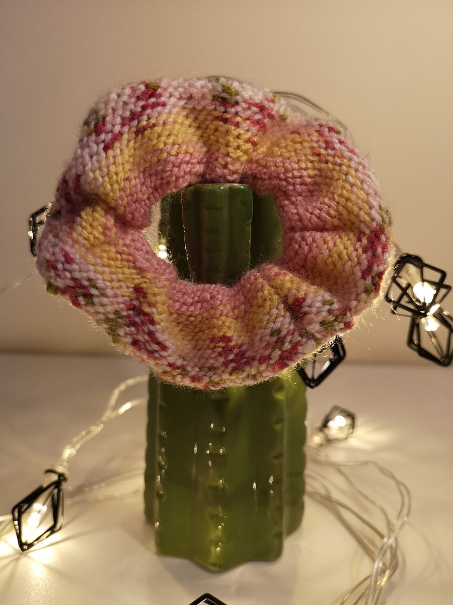 Pink, purple and yellow knitted scrunchie