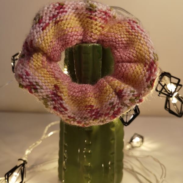 Pink, purple and yellow knitted scrunchie
