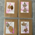 4 x pressed leaf greetings cards hand coloured art cards