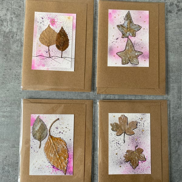 4 x pressed leaf greetings cards hand coloured art cards