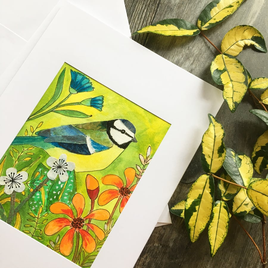 Handmade card. Mixed media - Blue tit and flowers.