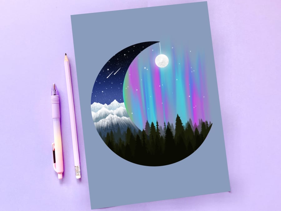 Seconds Sunday, The Moon and the Northern Lights A4 Art Print.